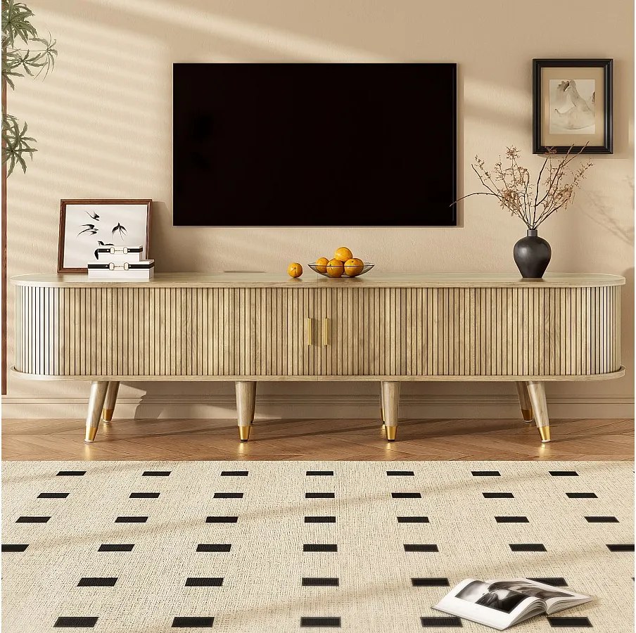 Stolik pod TV z drzwiami przesuwnymi i 2 szufladami - 175 x 38 x 45 cm - unikatowy design - MDF - jasny naturalny