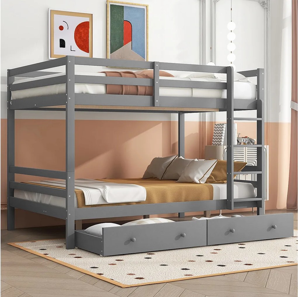 Łóżko piętrowe 140 x 200 cm z 2 dużymi szufladami - barierka i schody - drewno MDF - szare