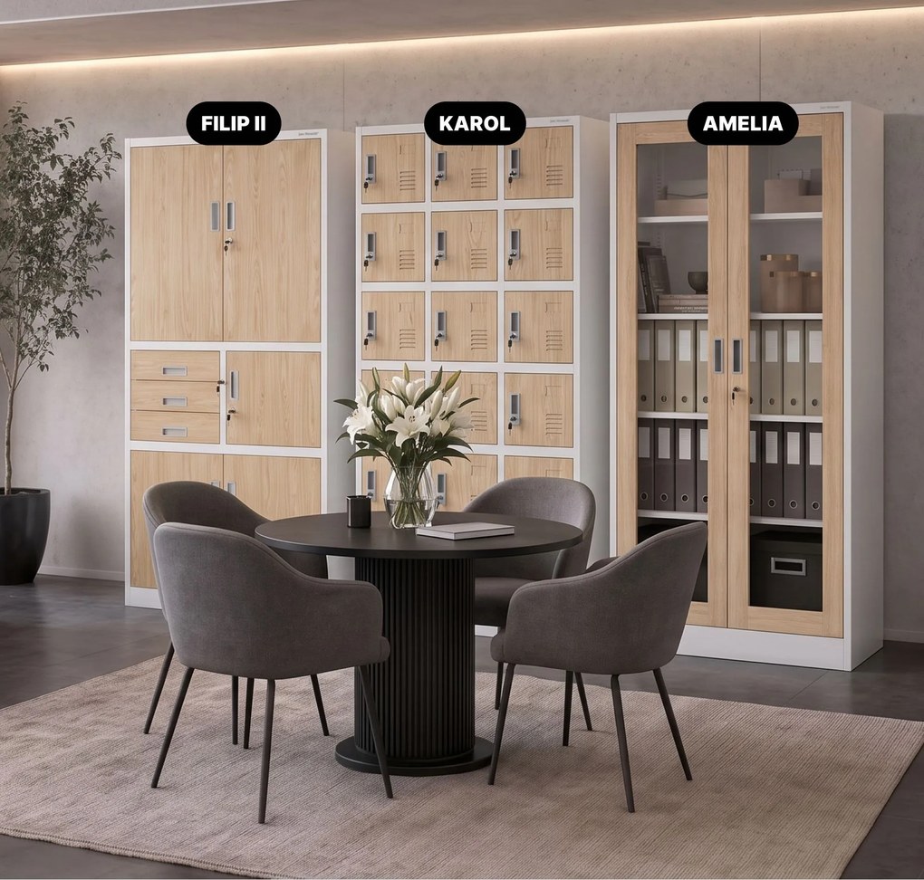 Szafa biurowa metalowa z sejfem biała/dąb sonoma, 900x1850x400 mm: FILIP II Eco Design
