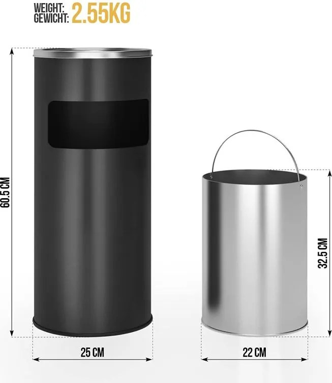 Kosz na śmieci z popielniczką, 17 l, czarny