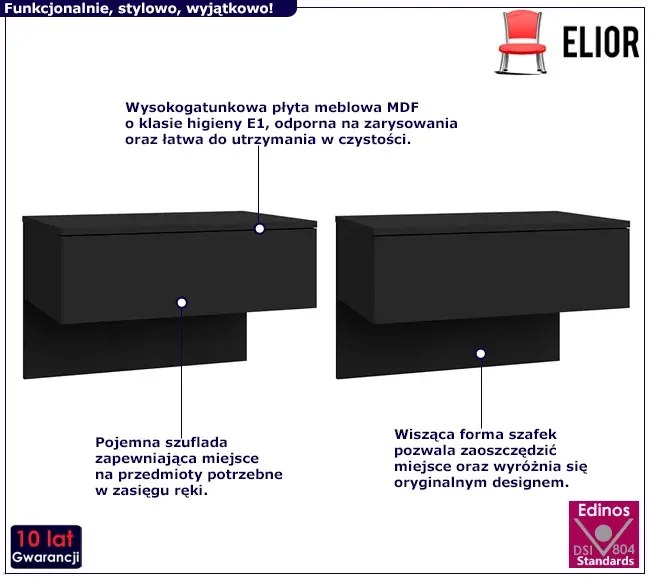 Czarny komplet wiszących szafek nocnych - Eldomi