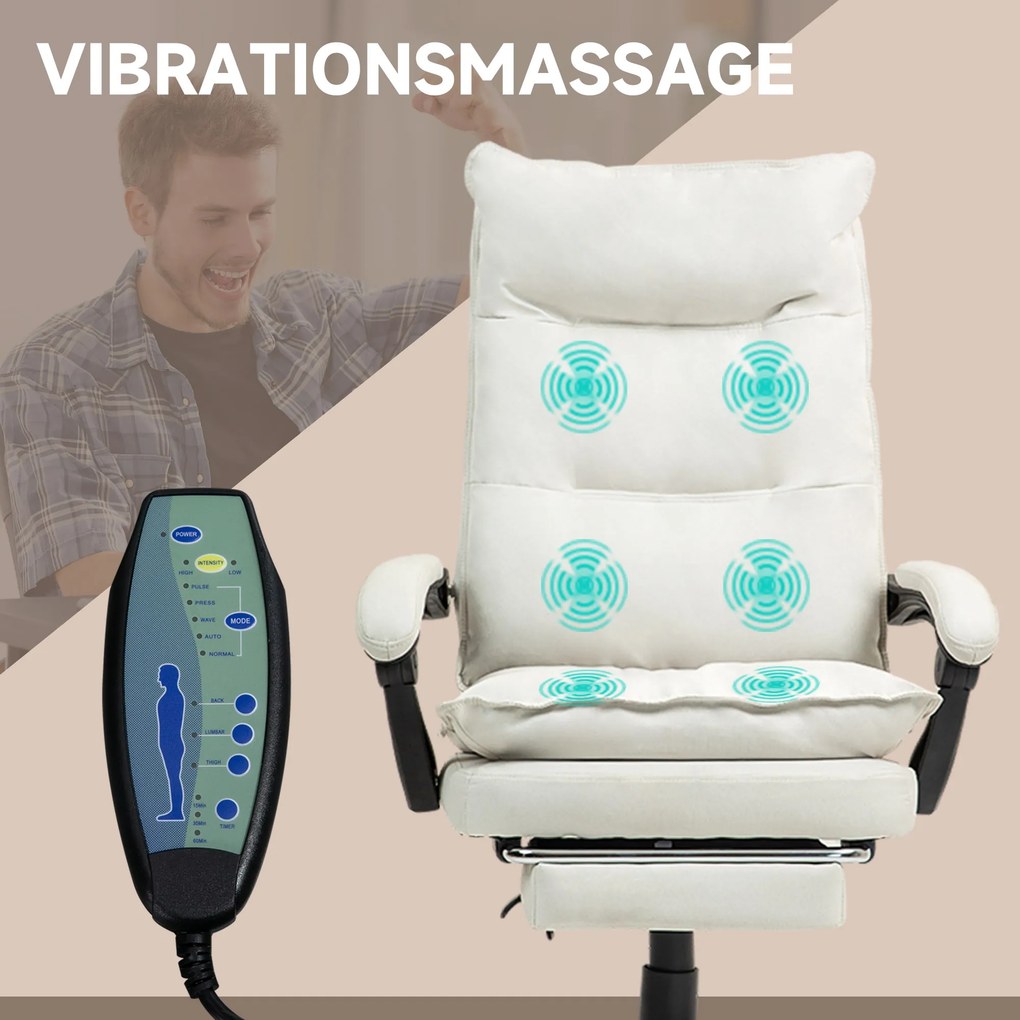 Vinsetto Krzesło Biurowe z Masażem, Fotel do Pracy z Funkcją Masażu, Regulowany Ergonomiczny Fotel Obrotowy, Nylon, Kremowy