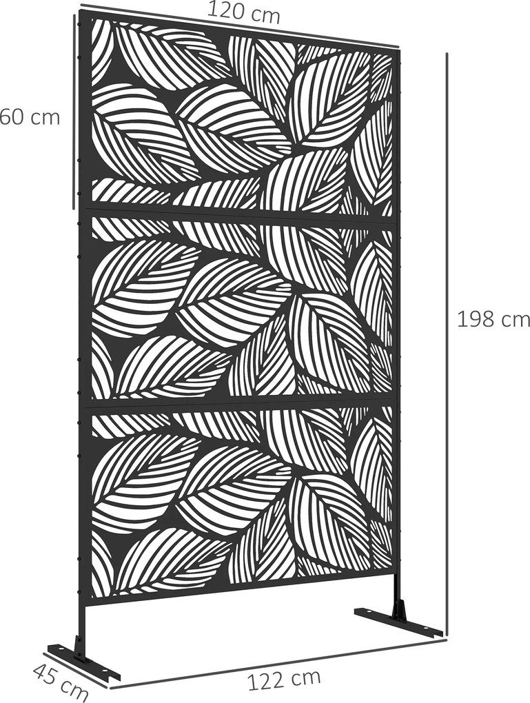 Outsunny Parawan Ogrodowy Metalowy z Motywem Floralnym, 122 x 45 x 198 cm, Czarny