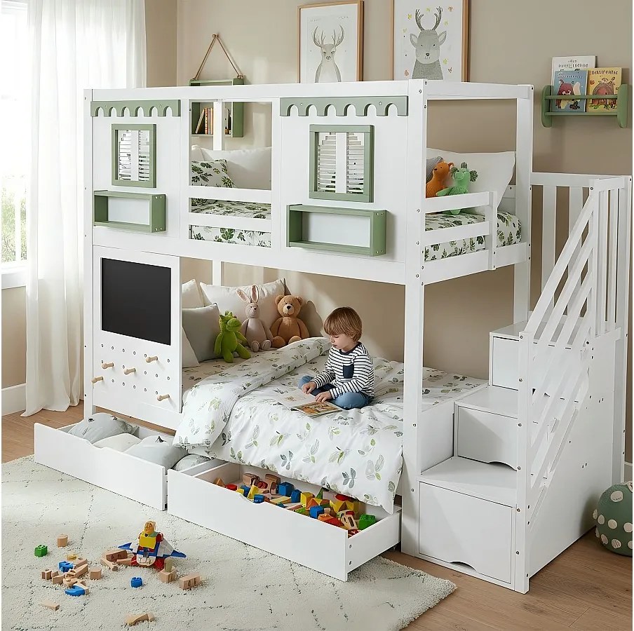 Łóżko piętrowe dla dzieci - 2 x 90 x 200 cm - z 2 szufladami + drabinką - sosna + MDF - biało-zielone