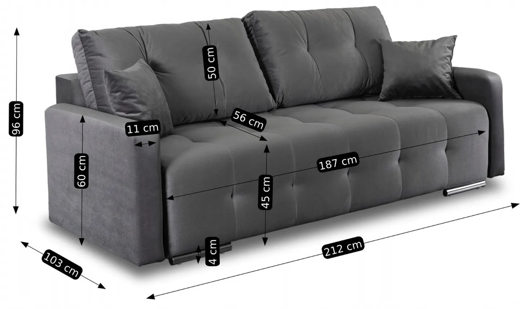 Sofa z Funkcją Spania FAVIO Wersalka Rozkładana Dwuosobowa Welurowa Szara Nowoczesna do Salonu