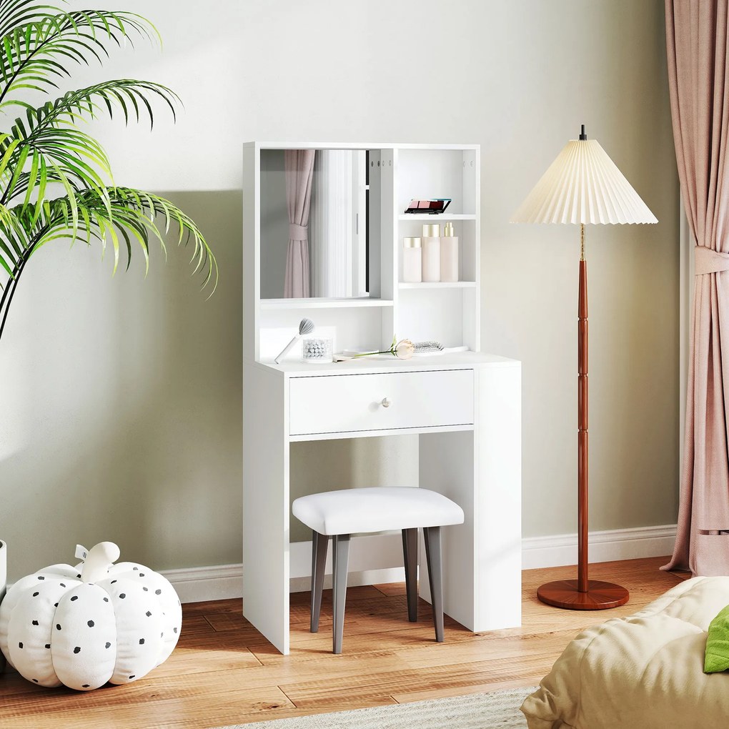 HOMCOM Toaletka z Lustrami, Szafa, 3-stopniowa Półka Boczna, Płyta Wiórowa, Biała