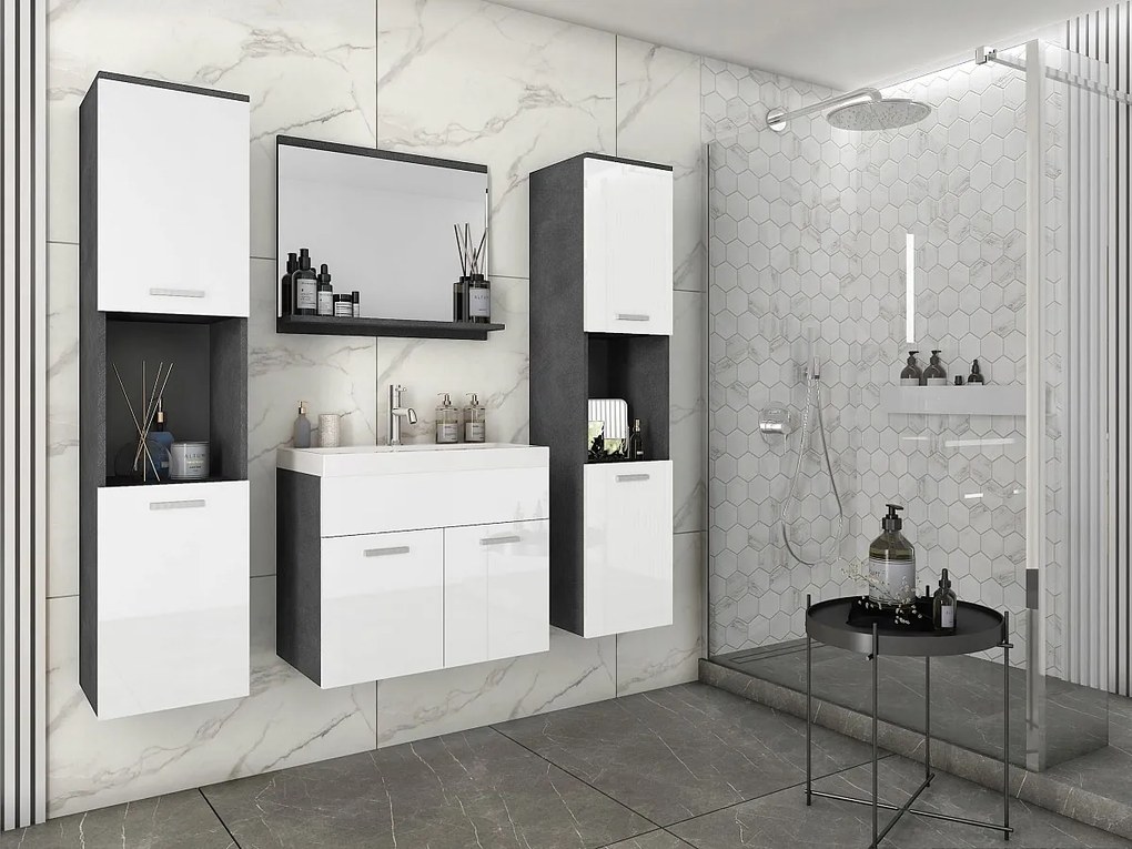 Zestaw mebli łazienkowych, komplet wiszący z umywalką, lustrem i 2 słupkami, korpus matera fronty biały połysk