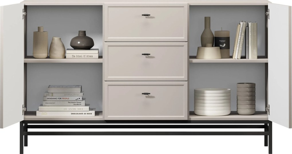 Komoda Lorini 150 cm z szufladami - kaszmir / czarne uchwyty T-bar / stelaż