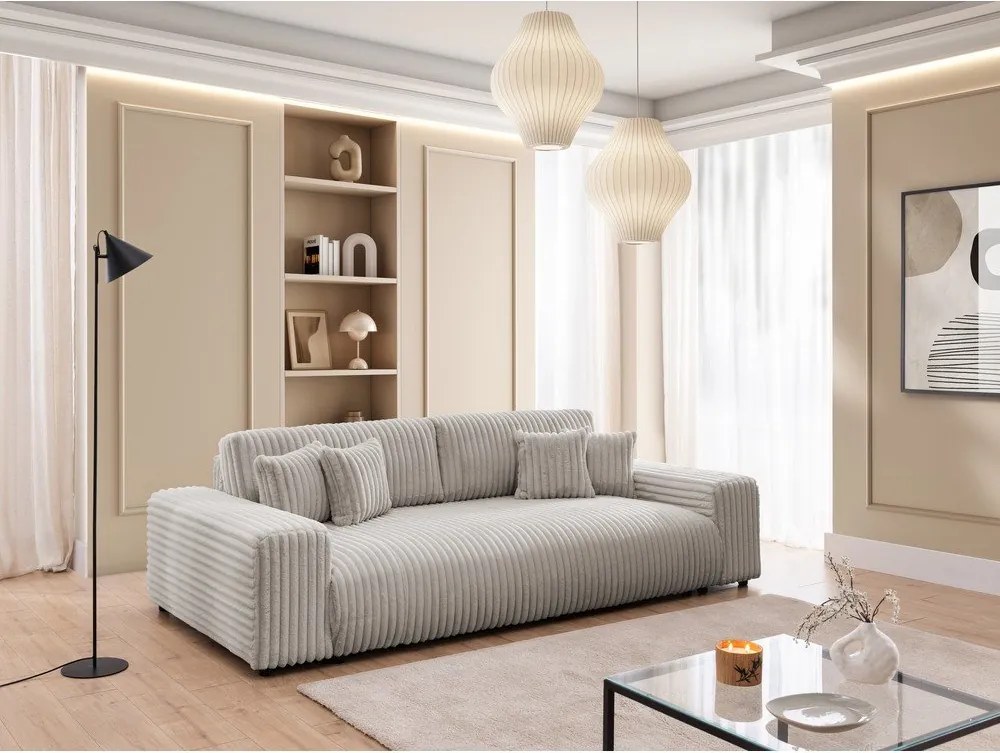 Jasnoszara sztruksowa rozkładana sofa ze schowkiem 260 cm Justin – Ropez