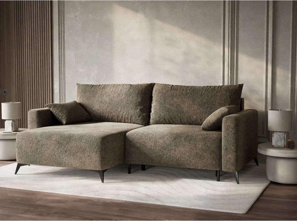 Brązowy rozkładany narożnik ze schowkiem z tkaniny szenilowej (lewostronny/z szezlongiem) Leon – Maison de Rêve