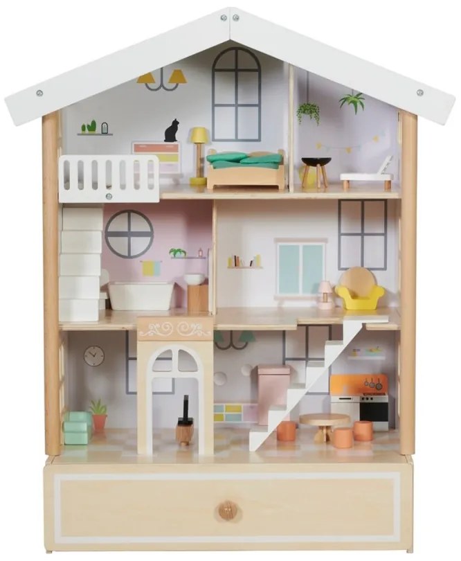 Classic world duży drewniany domek dla lalek 2 figurki naturalne drewno 28 el.