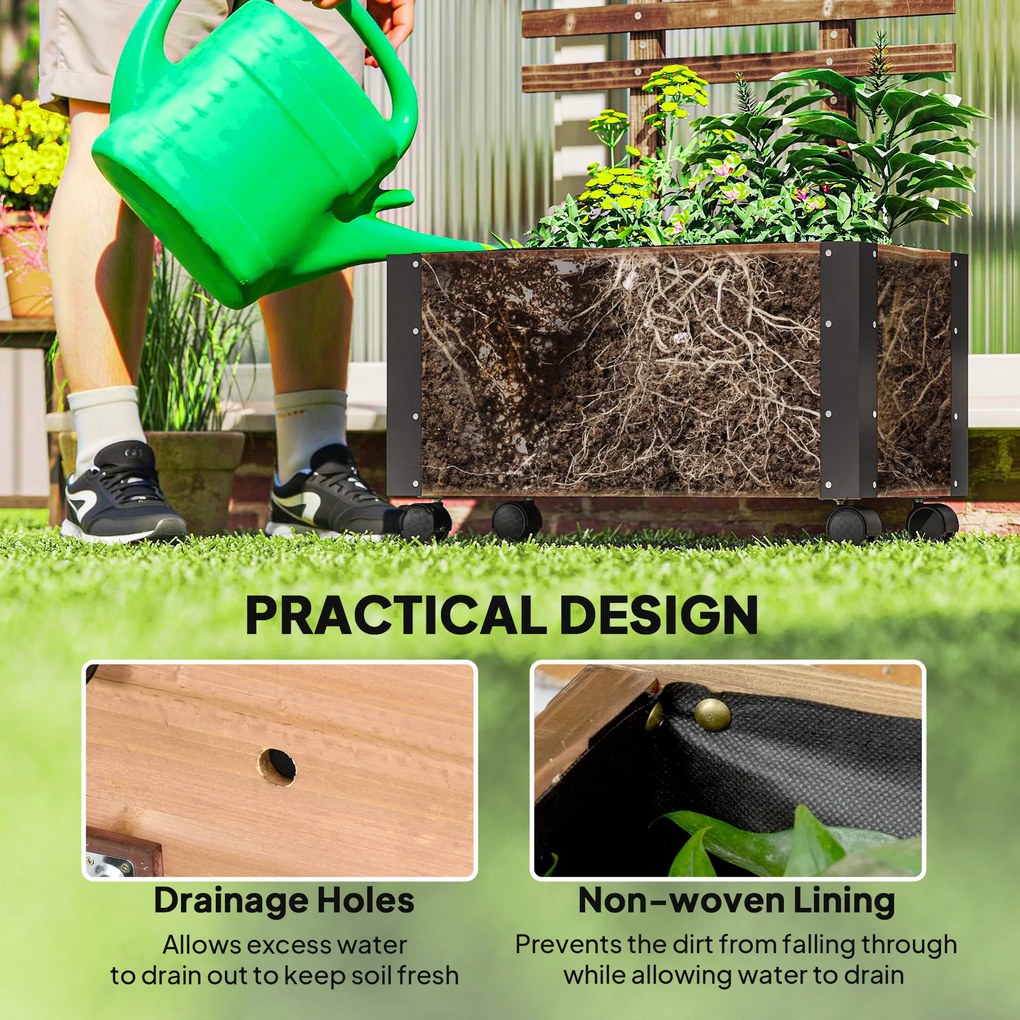 Outsunny Wysokie Łóżko z Podporą, na 4 Kółkach, Przetworzone Drewno Ciężkie, 65 cm x 31 cm x 147 cm, Czarny + Brązowy