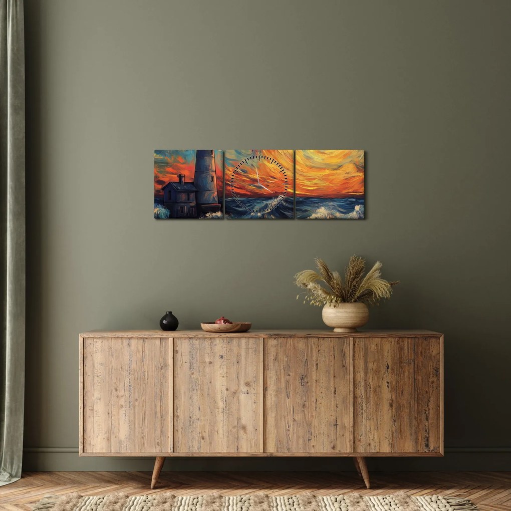 Obraz - Latarnia morska w falach (z zegarem) (90x30 cm)