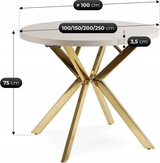 Stół Okrągły Rozkładany LUKAS 100-250 cm Kaszmir/Złoty Glamour