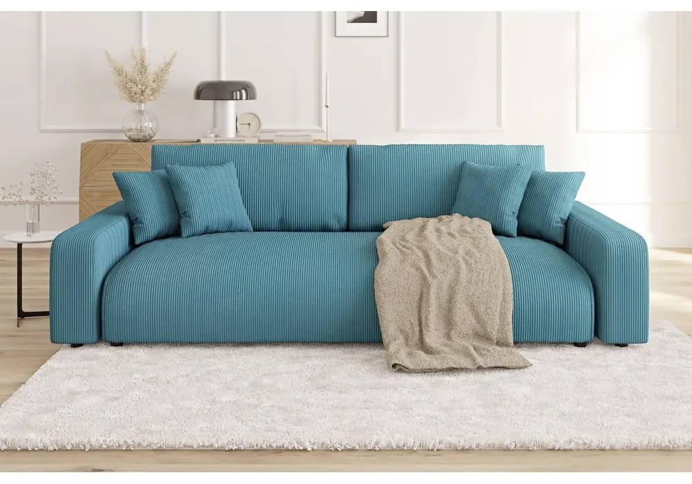 Turkusowa sztruksowa rozkładana sofa ze schowkiem 234 cm Sara – Ropez