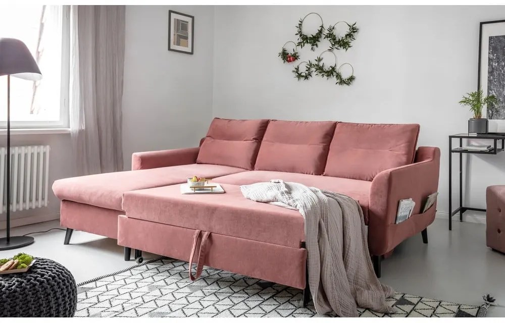 Różowy aksamitny narożnik rozkładany Miuform Stylish Stan, lewostronny