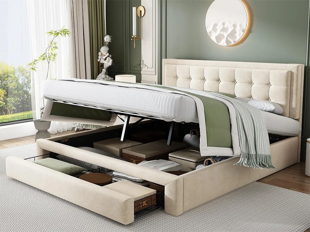 Łóżko tapicerowane 160x200cm z weluru - z szufladą i stelażem - Beżowe (bez materaca)