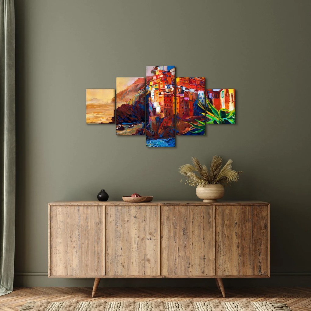 Obraz - Wieś na wybrzeżu Cinque Terre, Włoska Riviera, nowoczesny impresionism (125x70 cm)