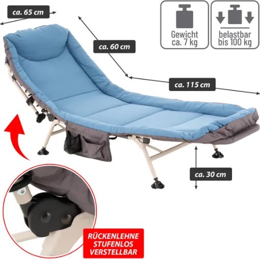 Leżak kempingowy z poduszką, niebiesko-szary