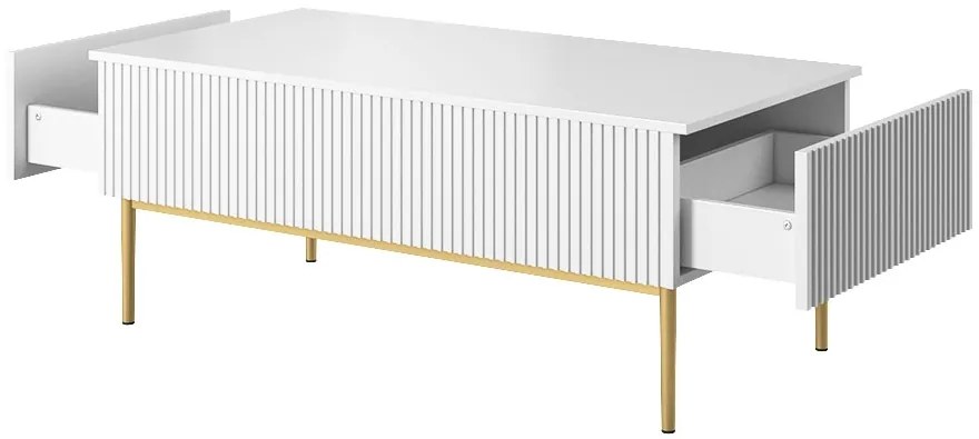 Stolik kawowy Nicole 120 cm z szufladami i metalowymi nogami - biały mat / złote nóżki