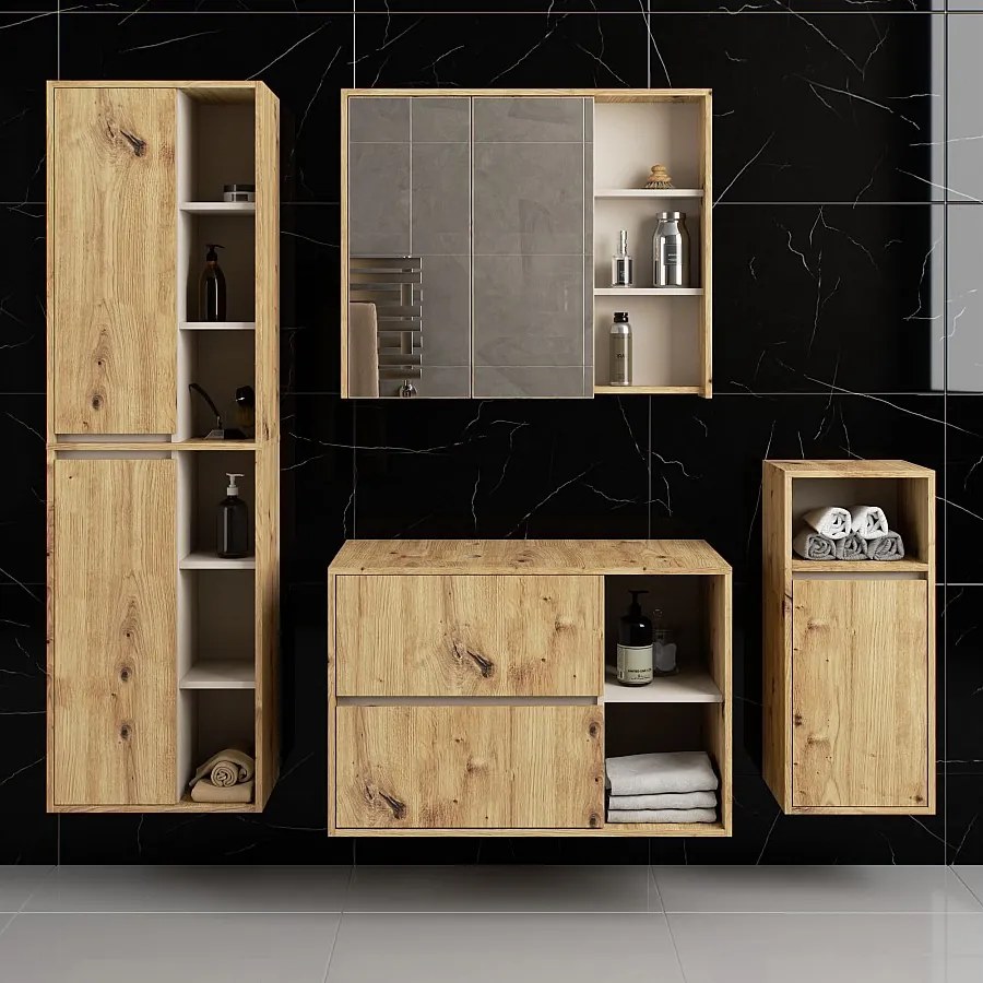 Zestaw mebli łazienkowych wiszących z otworami AKORD VAMI Dąb Artisan, Kaszmir 5 drzwi 21 półek 2 szuflady