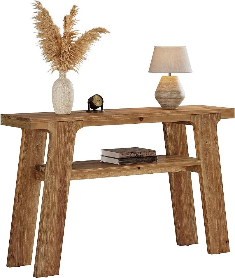 Konsola do przedpokoju z litego drewna, 120 cm, mały stolik kawowy w stylu rustykalnym z 2-poziomową przestrzenią do przechowywania