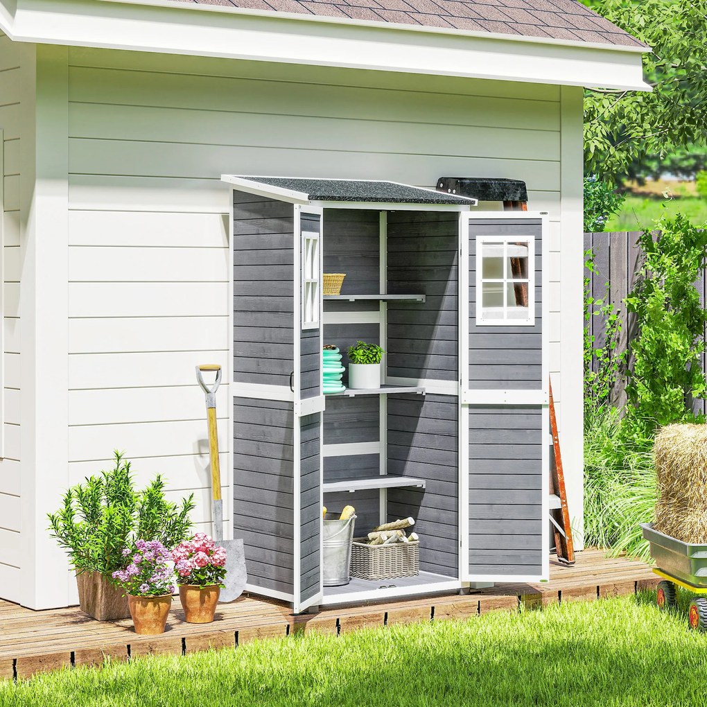 Outsunny Drewniany domek na narzędzia ogrodowe z 2 oknami, kotwami do gruntu, dachem z asfaltu, 91 x 69 x 192 cm, Sosna, Jasnoszary