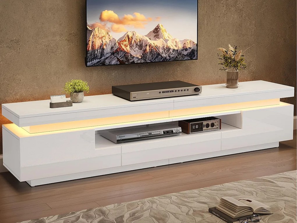 Szafa TV 175x38x45 cm - z 2 drzwiami i 1 szufladą - z oświetleniem LED - Wykończenie błyszczące - Biały