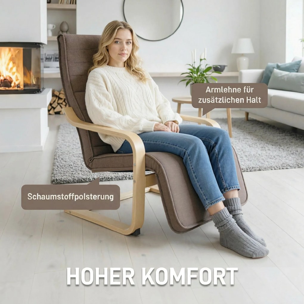HOMCOM Fotel akcentowy, fotel relaksacyjny z regulowanym podnóżkiem, rama z drewna brzozowego, do 120 kg, 66,5 x 94 x 100 cm, brązowy | Aosom PL