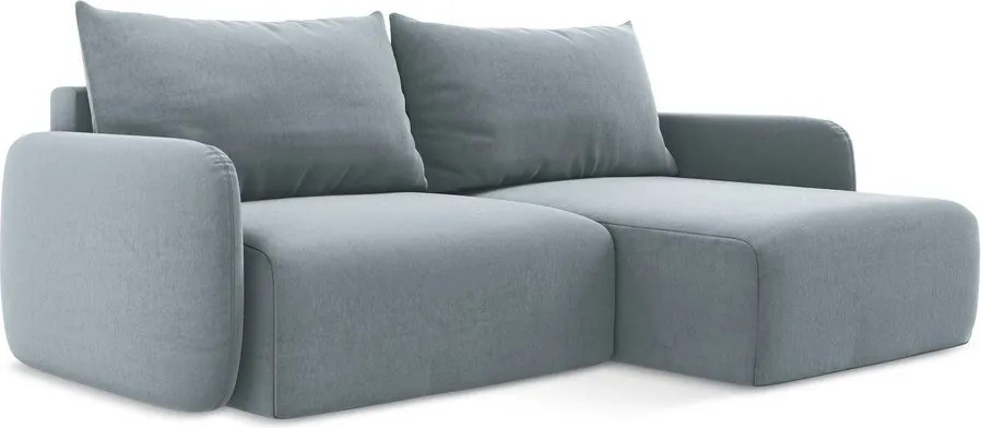 Niebieski aksamitny rozkładany narożnik ze schowkiem (prawostronny/z szezlongiem) Kalena – Makamii