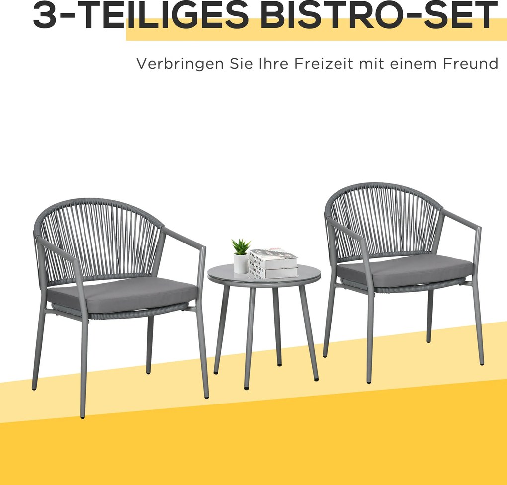 Outsunny Zestaw mebli ogrodowych, 2 krzesła & 1 stolik z blatem szklanym, imitacja rattanu, odporny na warunki atmosferyczne, stalowy stelaż, szary