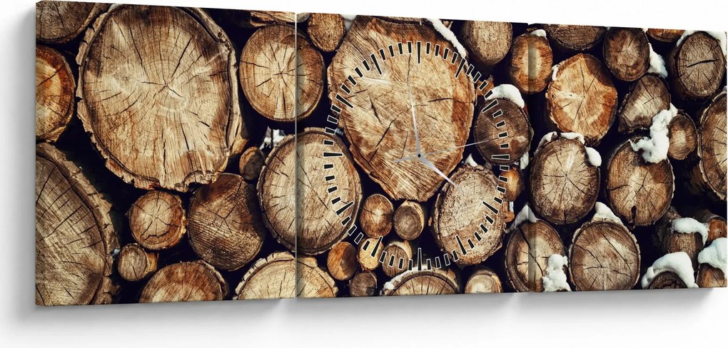 Obraz - Drewno w śniegu (z zegarem) (90x30 cm)