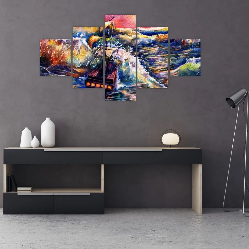 Obraz - Statek na falach oceanu, akwarela (125x70 cm)