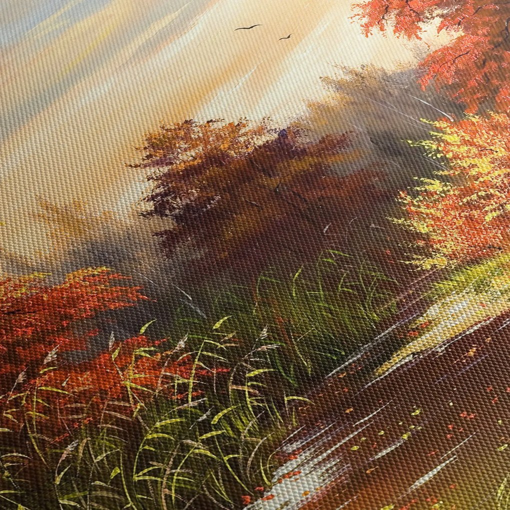 Obraz rzeki w jesiennym krajobrazie, obraz olejny (z zegarem) (90x30 cm)