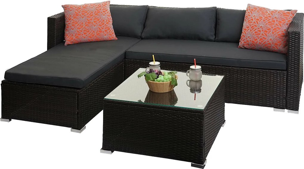 Zestaw polirattanowy MCW-F57 (3-częściowy),  brązowe, ciemnoszare poduszki z poduszkami dekoracyjnymi