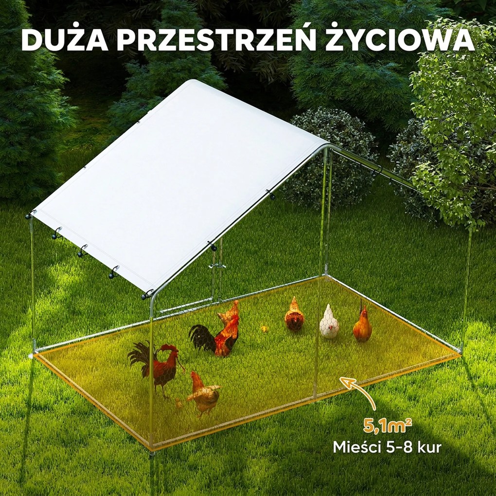 PawHut Wybieg dla 5-8 Kur, Plandeka Dachowa, Zamykane Drzwi, Stelaż Stalowy, 5,1 m², 3 x 1,7 x 1,9 m