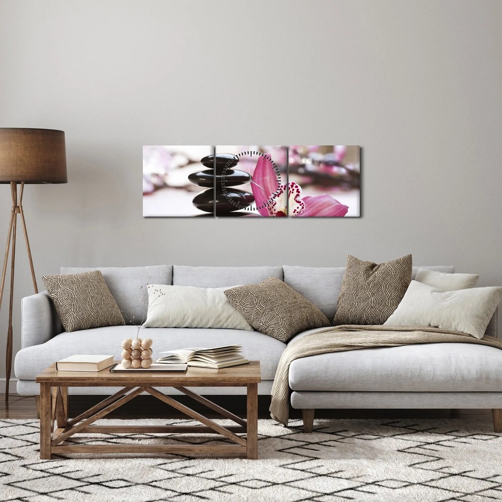Obraz kamieni do masażu i storczyków (z zegarem) (90x30 cm)
