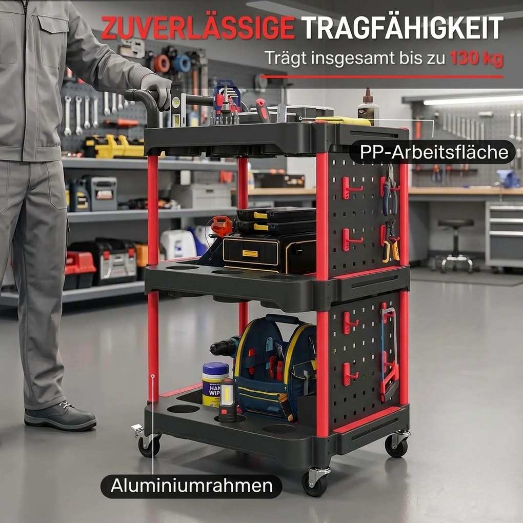 HOMCOM Wózek narzędziowy z 3 poziomami, ścianką perforowaną i haczykami, mobilny wózek warsztatowy z hamulcami, czarny/czerwony | Aosom PL