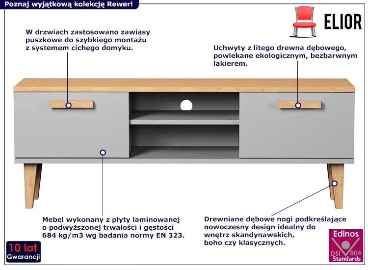 Skandynawska szafka RTV na dębowych nóżkach szary + hikora - Rewer 5X 120cm