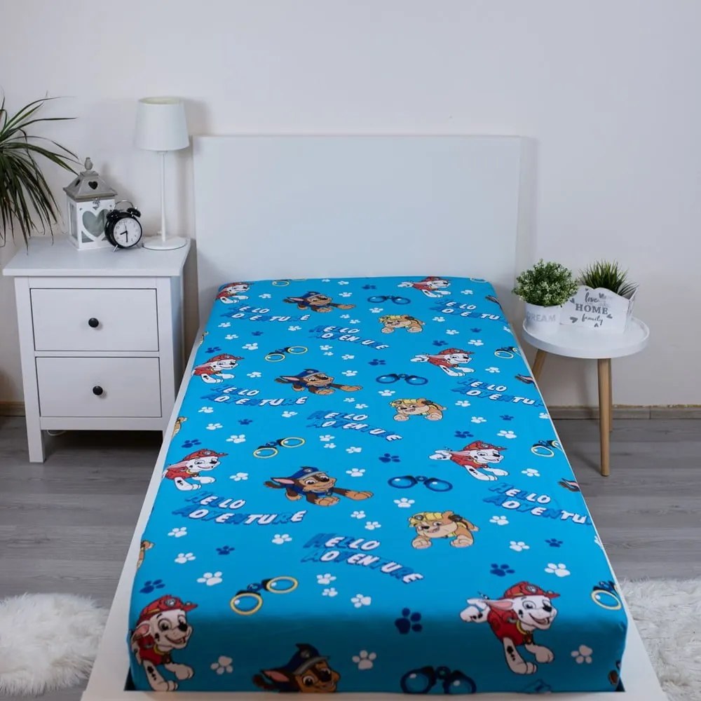 Niebieskie bawełniane prześcieradło dziecięce jednoosobowe z gumką 90x200 cm Paw Patrol – Jerry Fabrics