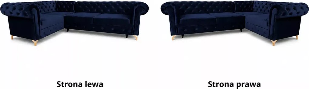 Pikowany narożnik Chesterfield Asti z wywiniętymi podłokietnikami i funkcją spania