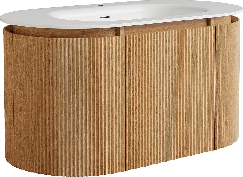 Wisząca szafka łazienkowa z umywalką wpuszczaną z białej matowej żywicy – Jasny naturalny - szer. 90 cm - LILIKO