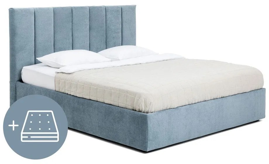 Niebieskie tapicerowane łóżko dwuosobowe ze schowkiem z materacem i stelażem 180x200 cm Thessa Bold Line – Bonami Selection