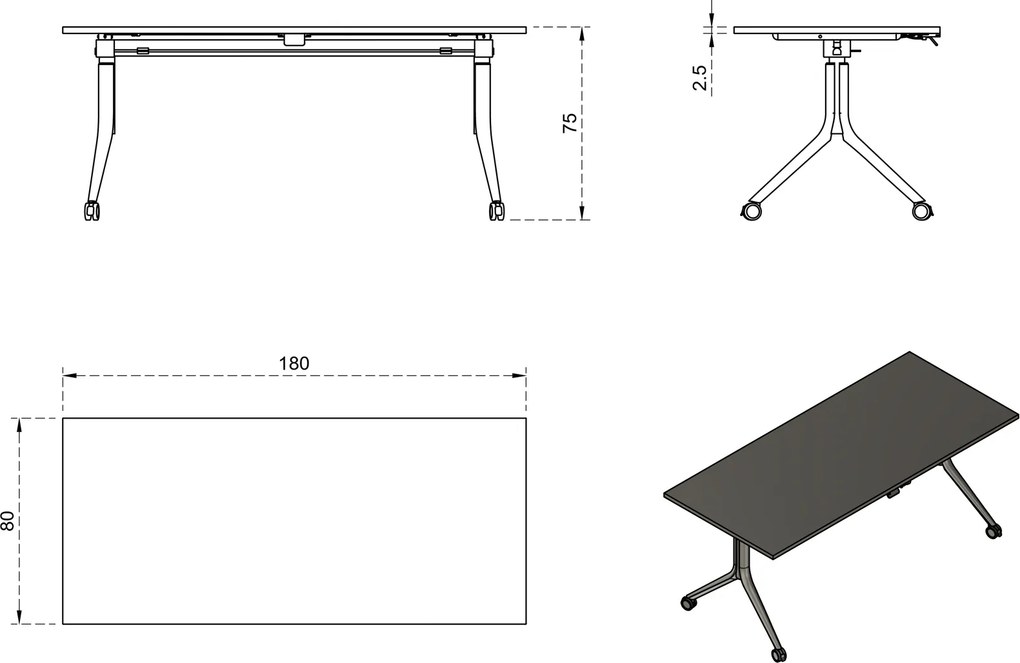 Składane biurko pracownicze na kółkach Carl 180x80 cm