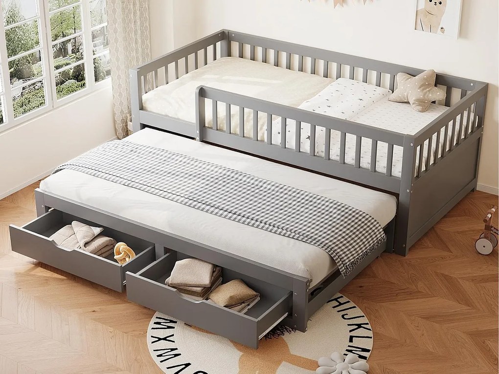 Sofa z łóżkiem z litego drewna 90×200 cm - z łóżkiem wysuwanym - 2 szuflady - z ogrodzeniem zabezpieczającym - szare (materac nie jest zawarty)