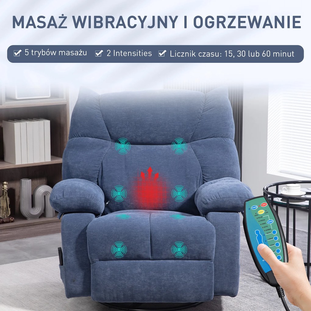 HOMCOM Fotel Masażer z Funkcją Ogrzewania i Leżenia, Obrotowy, do 150 kg, Konstrukcja Metalowa, 98x90x98cm, Niebieski | Aosom PL