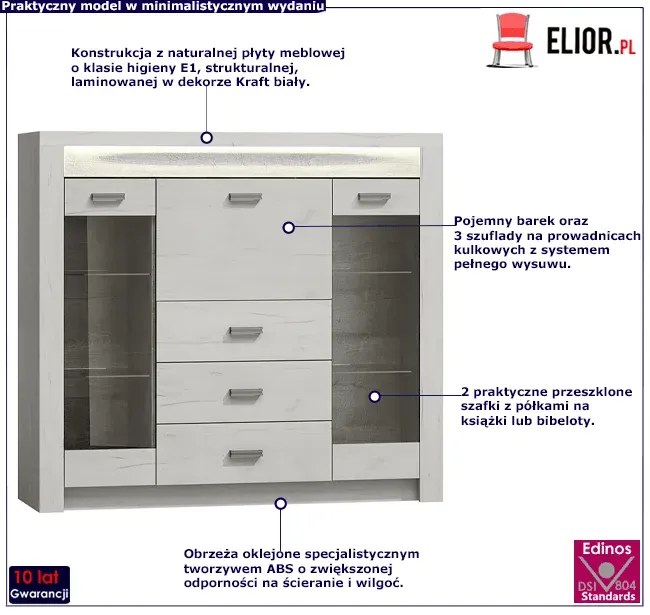 Komoda z barkiem i witryną kraft biały - Filin 9X