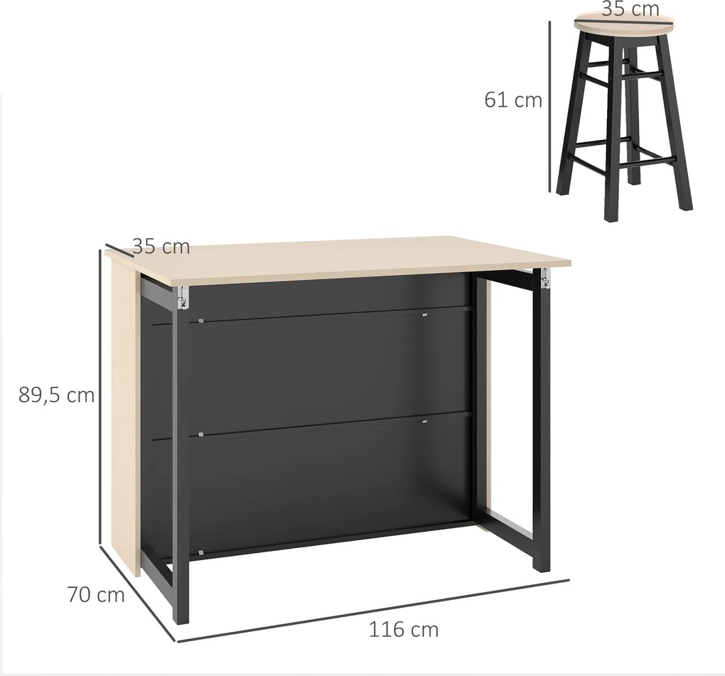 HOMCOM 3-cz. Zestaw Barowy, Bartisch ze Składanym Blatem, 2 Stołki Barowe, 6 Schowków, Czarny+Dąb, 116 x 70 x 89,5 cm