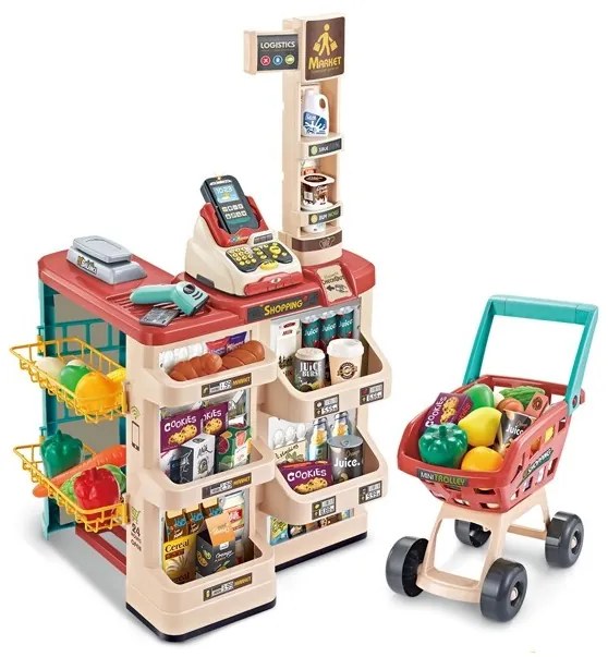 Woopie sklep supermarket z wózkiem sklepowym waga kasa skaner + 48 akc.