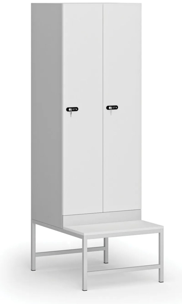 Szafka ubraniowa z ławką, 2-drzwiowa, 1875 x 600 x 500/800 mm, demontaż, zamek mechaniczny z kodem, drzwi laminowane, biała